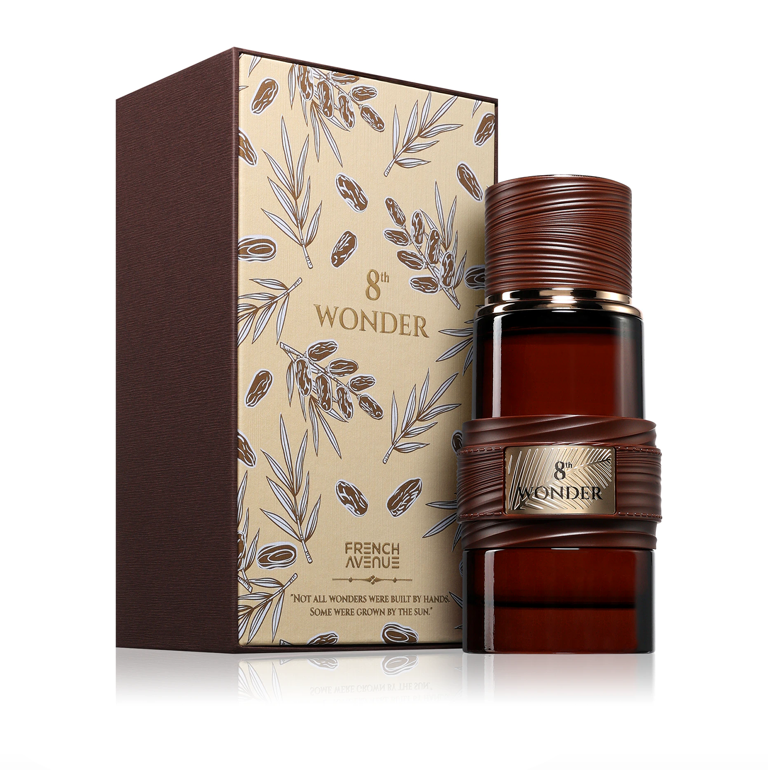 Displays the 8th Wonder bottle alongside its elegantly illustrated presentation box, which features a botanical design.