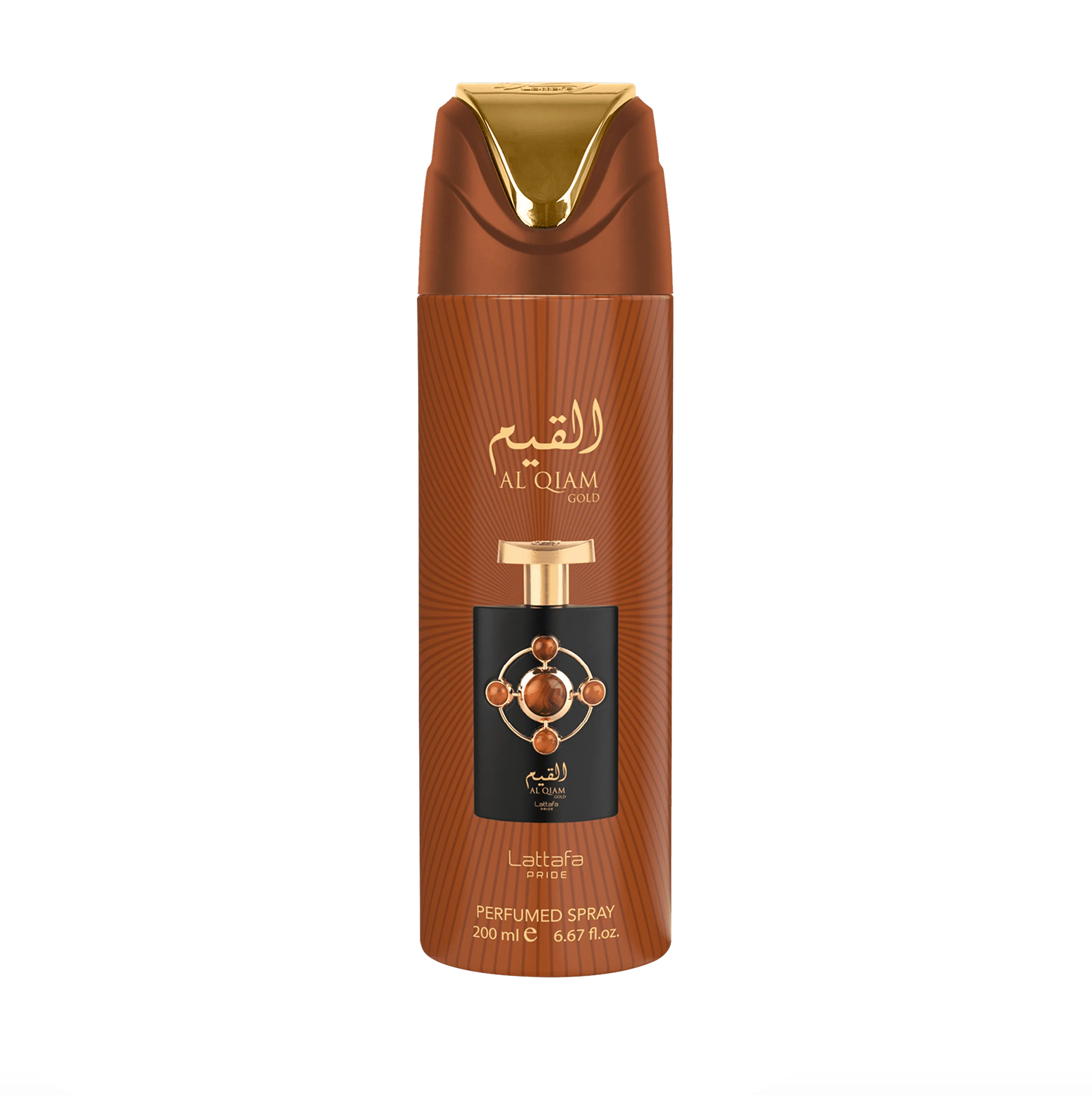 A professional product photograph of the Lattafa Pride Al Qiam Gold deodorant bottle (200ml), highlighting its sleek, powerful design and the premium branding of the Lattafa Pride collection against a clean, modern background.