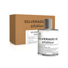 A professional product shot showcasing the Silverado 83 100ml bottle standing next to its rustic, minimalist cardboard gift box.