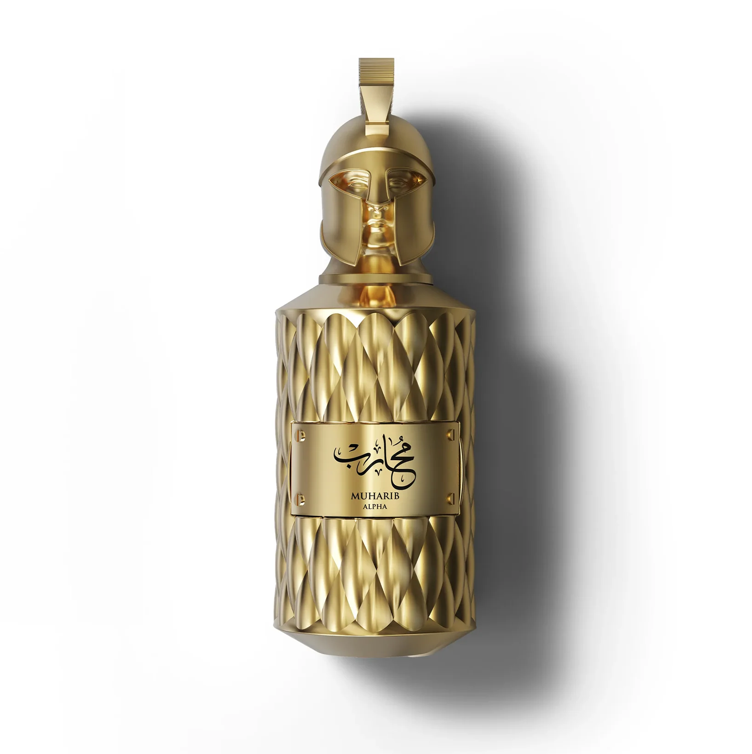 A detailed studio shot of the Le Falconé Muharib Alpha 85ml golden bottle, highlighting the intricate metallic texture and the unique, sculptural Spartan helmet cap that defines this luxurious men's fragrance.