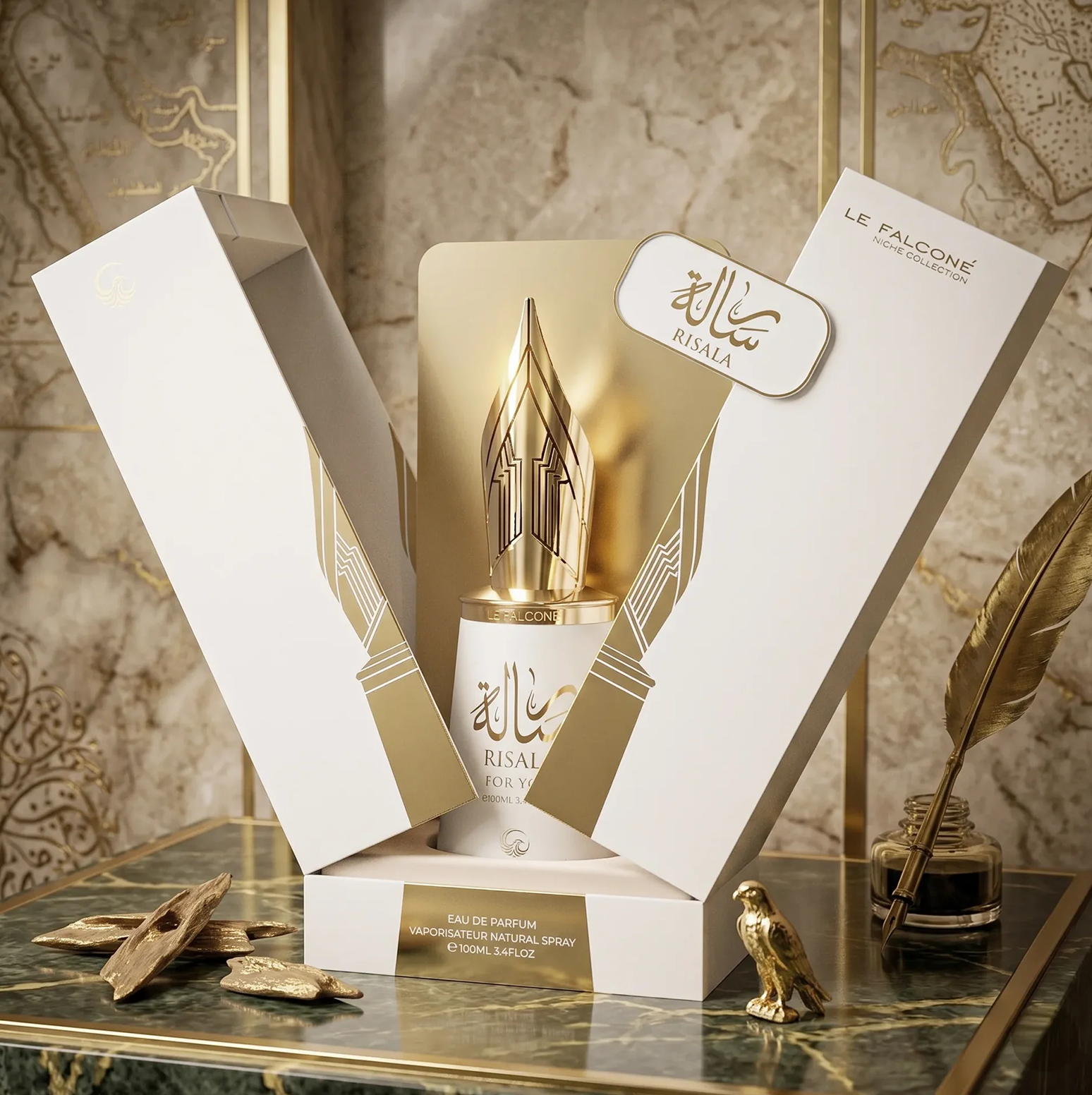 A luxurious product presentation of Risala For You Eau de Parfum, featuring the 100ml white and gold bottle with its signature fountain-pen-nib cap, displayed inside its elegant gift box with a feather quill and inkwell on a marble surface.