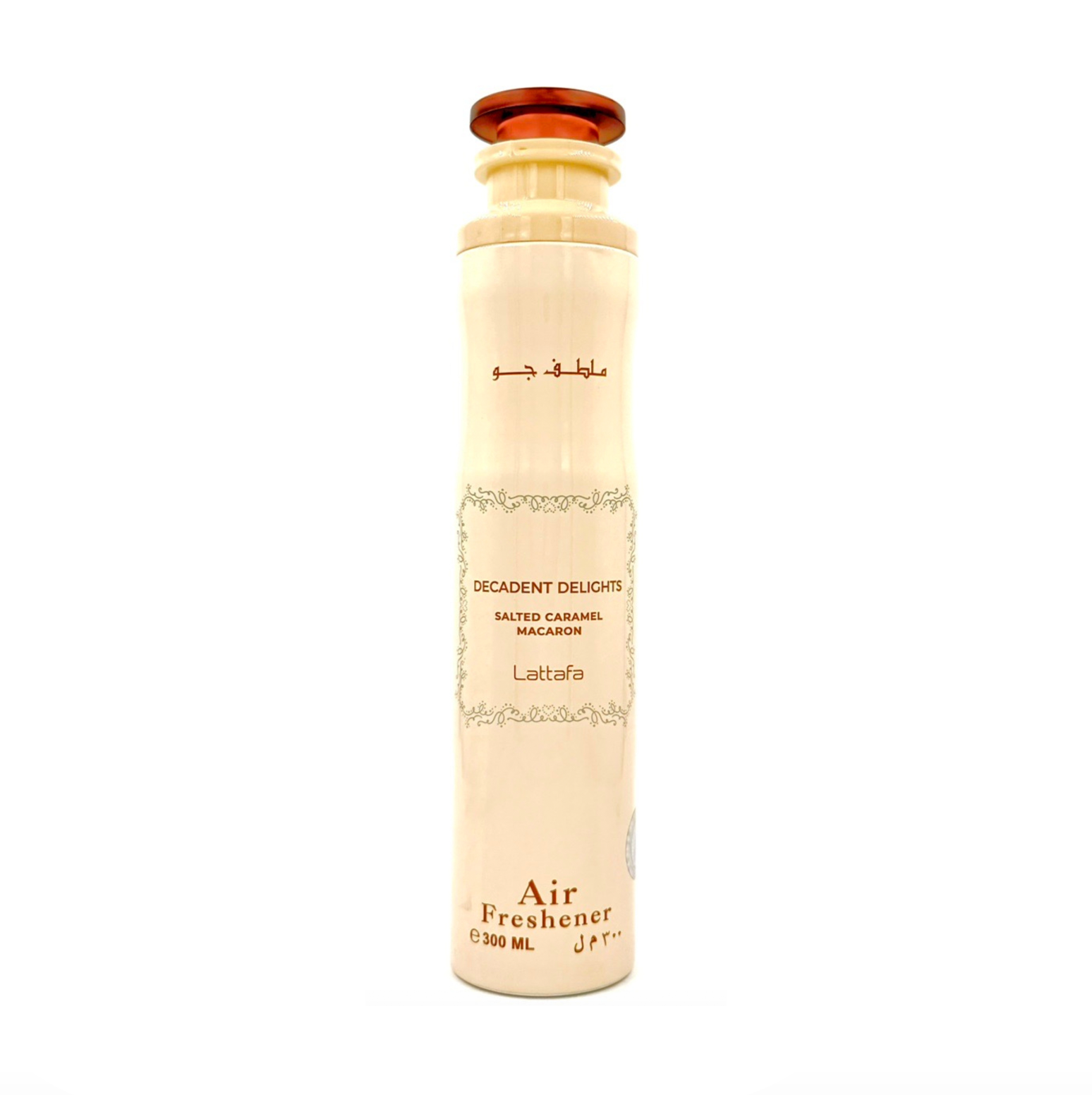 A professional studio product shot of the Lattafa Decadent Delights Salted Caramel Macaron air freshener bottle (300ml), showcasing its elegant design and gourmet fragrance branding against a clean background.